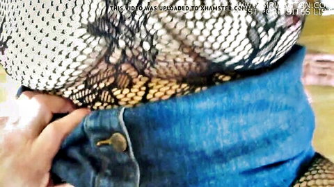 Hairy pussy creampied close-up in lace top and denim skirt HD orgasm
