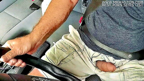 Amateur man driving with exposed erect cock, car masturbation