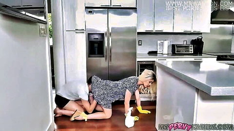 Blonde stepmom in floral dress dominated from behind in doggy style