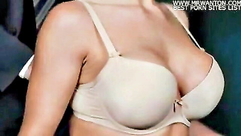 Busty blonde in beige push-up bra showing deep cleavage seductively