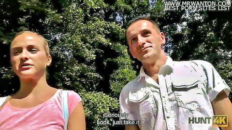 Blonde teen in pink top with couple in park, Hunt4K public pickup for cash sex