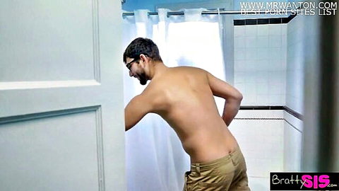 Muscular guy peeking from shower curtain in low khaki shorts, Bratty Sis pervy stepsis April Fools tease