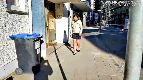 Petra in short skirt and jacket teasing walk outdoors