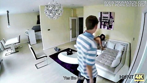 Ebony woman fucked hard doggy style by white guy in striped shirt on luxury bed