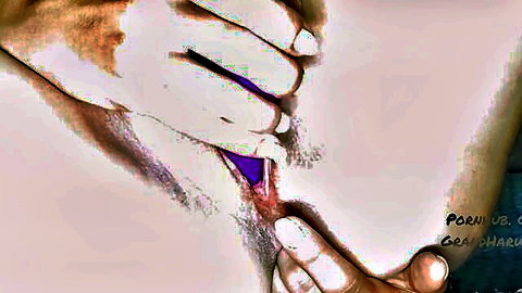Hairy wet pussy spread wide by fingers with purple dildo inserted deep