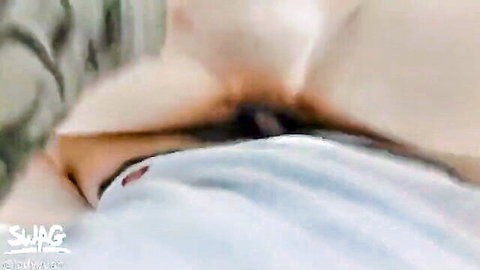 Taiwanese girl's shaved pussy penetrated by thick black dildo with panties pulled aside
