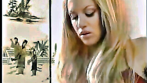 Blonde woman close-up with exotic Asian action scene overlay
