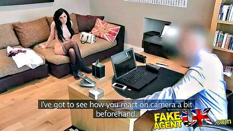 Emo brunette in black lingerie sits provocatively on casting couch for fake agent UK office audition