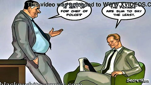 Cartoon secretary and boss in suits converse about chief of police in office comic strip