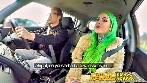 Tattooed busty big ass green-haired beauty in fake driving school lesson