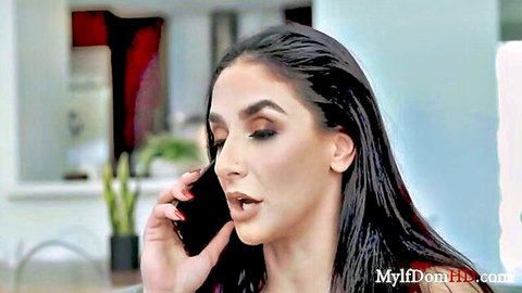 Sheena Ryder seductive phone call, wet-haired MILF in kitchen