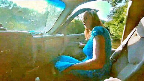Ginger B as hot step gilf in blue dress, mature redhead in car