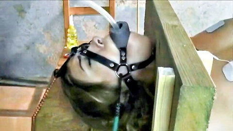 Blonde submissive head locked in wooden pillory with black leather harness gag and yellow tube in intense BDSM bondage