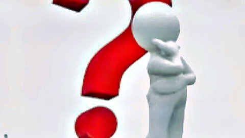 3D white cartoon man with arms crossed pondering beside giant red question mark