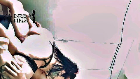Tattooed Latina with huge white ass in black lingerie grabbed roughly from behind