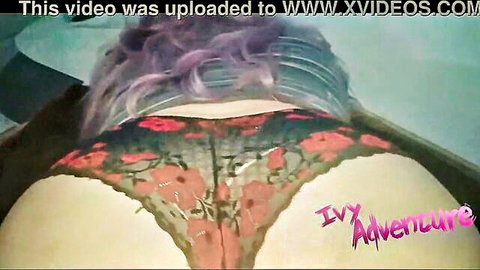 Big white ass in sheer floral thong pulled tight showing wet pussy lips from behind