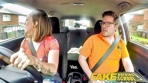 Fake Driving School: Busty Spanish brunette learner smiling in car with instructor