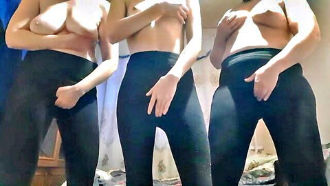 Three topless girlfriends masturbating in tight black leggings, reaching orgasm