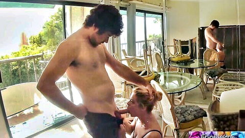 Erin Electra as blonde stepmom gives blowjob to muscular stepson