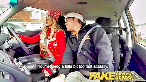 Blonde MILF driving lesson with instructor in festive car scene