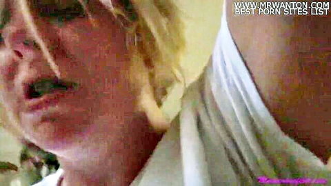 Blonde stepmom teases with open mouth after college visit morning
