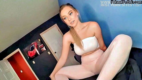 Blonde innocent stepsister in white crop top and pink leggings spreading legs on bed quarantine apology