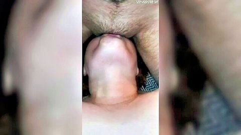 Amateur POV close-up of woman's open mouth sucking hairy cock with thick pubes during blowjob