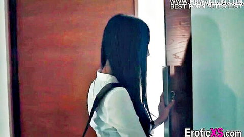 Cute Asian girl in white shirt unlocking door, from 'Cute girl fucks her boss' with Mick Blue