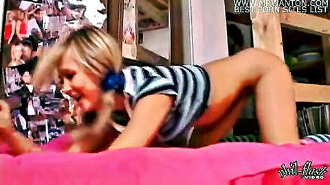 Kasia blonde in striped top dildo play on all fours