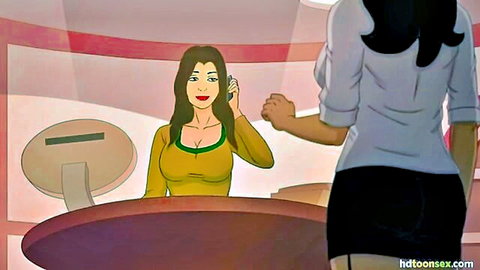 Animated Indian MILF RB in yellow blouse and skirt on phone in office hentai
