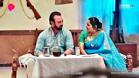Indian MILF in green saree with tired partner in hot Hindi web series