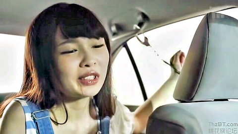 Asian woman in denim overalls moaning expressively in car, JAV style solo scene