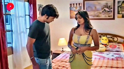 Indian MILF in revealing yellow dress chats with young man in hot Hindi web series