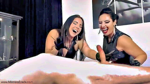 Sinn Sage and brunette mistress laughing with dildo in latex during money shots compilation
