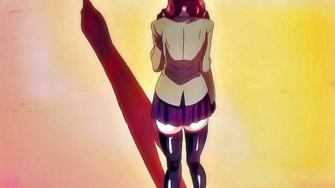 Red-haired anime schoolgirl with big ass visible under short skirt and stockings, hentai tease