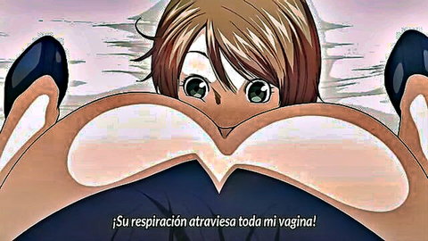 POV of busty anime girl squeezing massive tits together with aroused green eyes