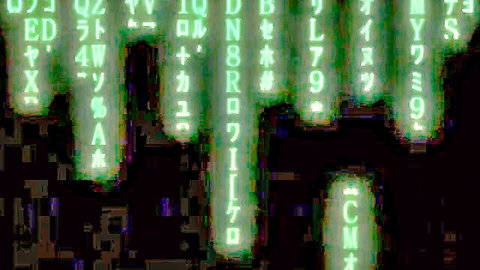 Glitchy green matrix code with distorted Japanese characters and letters like CM ED