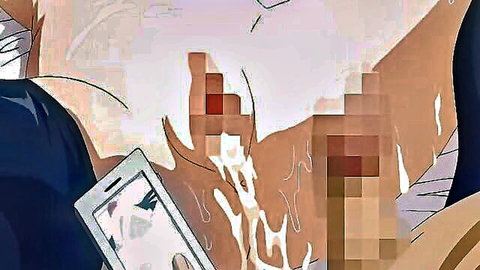 Pixelated hentai girl with big tits dripping thick creampie holds phone in censored sex scene