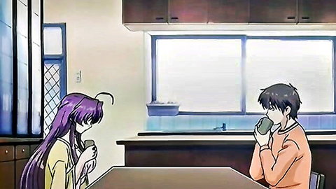 Purple-haired anime girl in yukata drinks tea with boyfriend in Tsuma Shibori 2 hentai scene