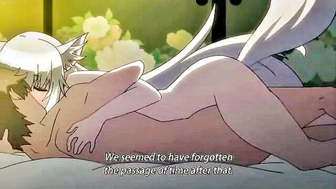 Hentai neko girl with white hair nude embrace with guy on bed