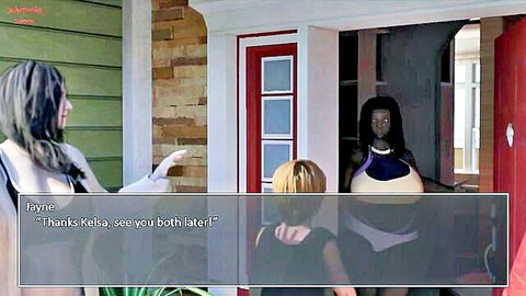 Hentai scene: Jayne and Kesa in skimpy outfits waving goodbye to blonde neighbor