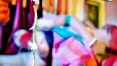 Desi Indian woman in colorful sari with garlands, seductive pose