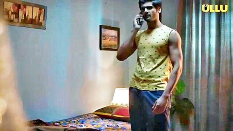 Muscular Indian man in yellow tank top on phone call, Charmsukh Ullu teaser