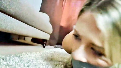 Young blonde bound and gagged in failed BDSM escape challenge video thumbnail