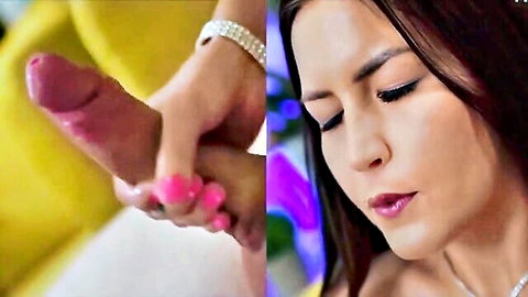 Futanari tranny with fat cock held by manicured hand and seductive brunette face close-up