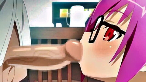 Blushing pink-haired anime girl with glasses kissing big cock tip in hentai closeup