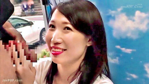 Japanese MILF mom smiles at censored cock near face in outdoor JAV scene