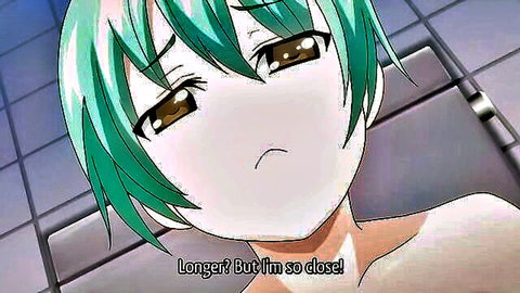 Pouting green-haired buxom hentai girl in censored anime close-up