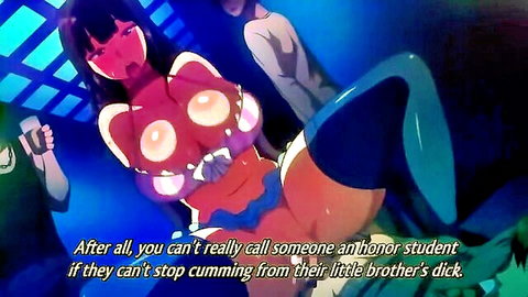 Busty purple-haired anime sister cums from little brother's dick in hentai incest scene