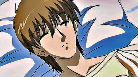 Anime brunette boy with spiky hair and half-closed eyes lying relaxed on blue pillow